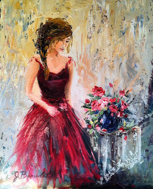 Art print of Original Oil Painting Feminine Romantic Woman Figure Red Roses Impressionist 11x14